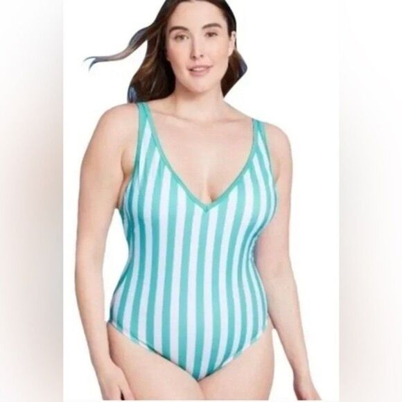 Kona Sol 18W One Piece SwimSuit Mint Stripe NEW - Picture 1 of 7